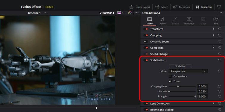 DaVinci Resolve Edit page Inspector Panel Stabilization tab location and settings