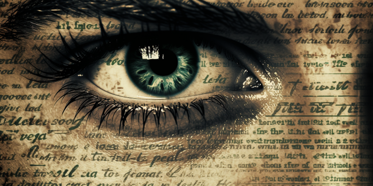 Artistic graphic showing a human eye with superimposed cursive text.