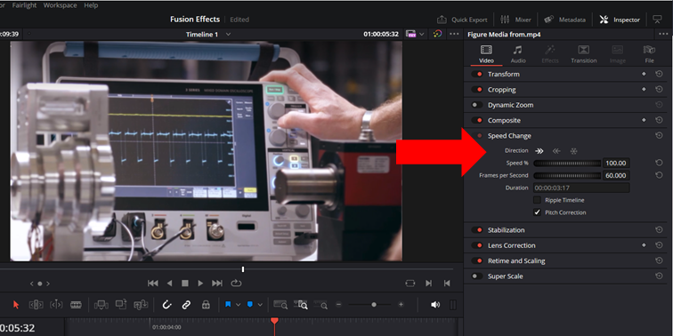 DaVinci Resolve user interface showing the Speed Change option in the Inspector Panel