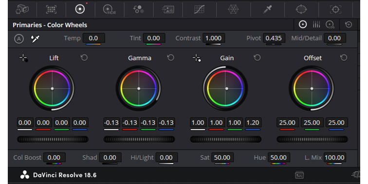 DaVinci Resolve Color Wheels settings for Gamma and Gain