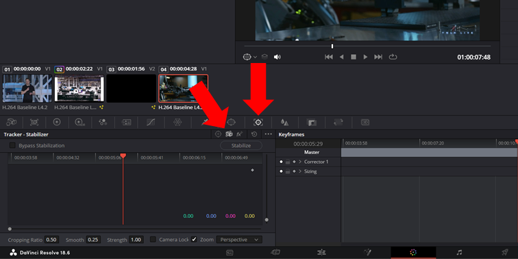 DaVinci Resolve Color page Tracker Panel Stabilization features location and settings