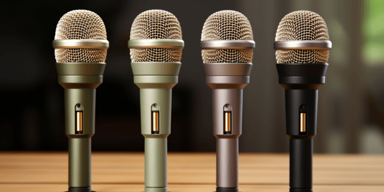 4 High end microphones lined up on a wooden desk.