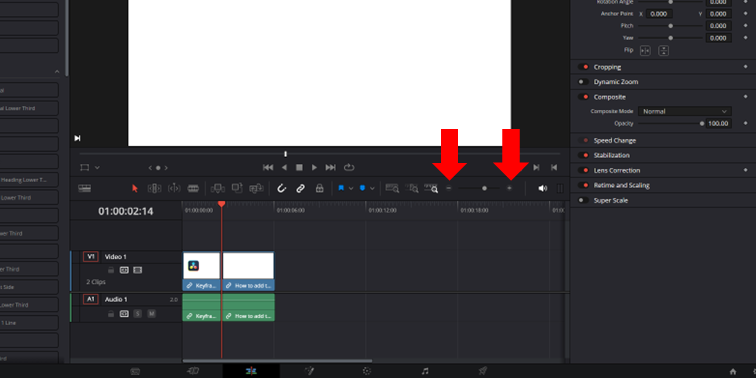DaVinci Resolve user interface showing the timeline zoom slider plus and minus icons