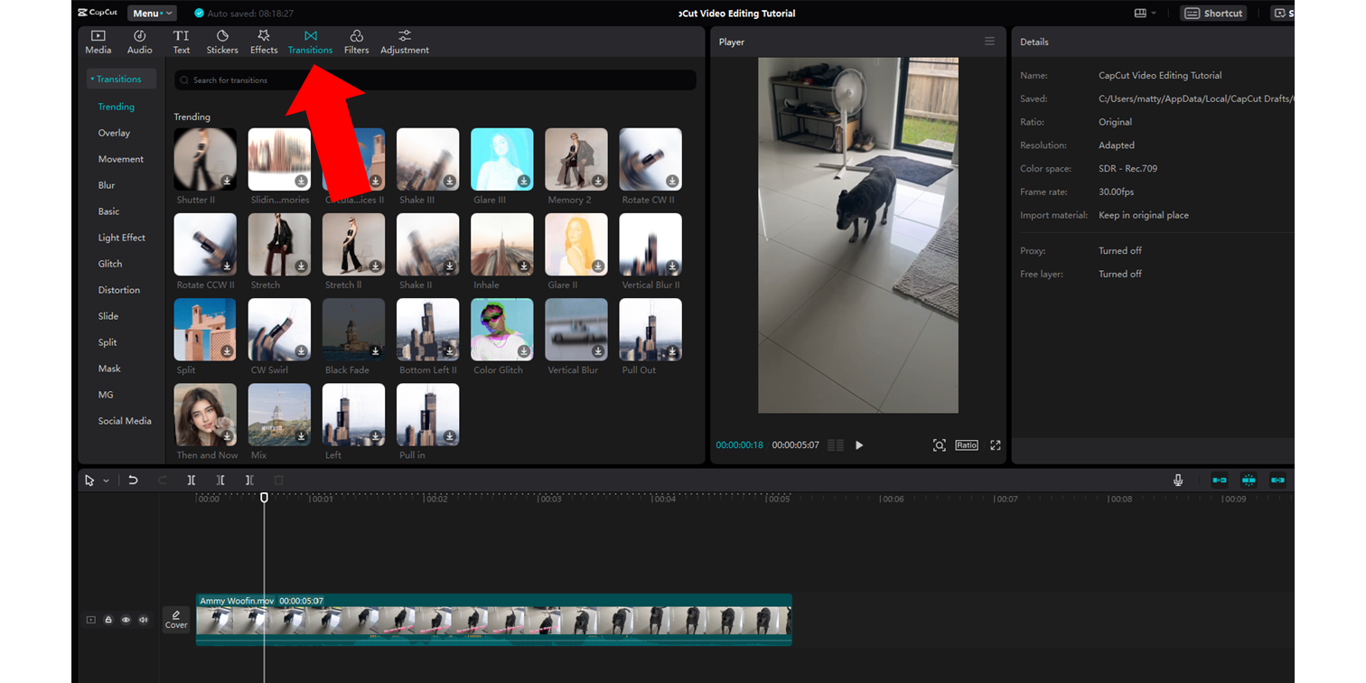 Adding transitions to a video clip in the CapCut desktop app - showing the transitions tab in the media panel
