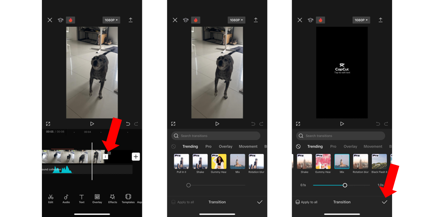 Adding transitions to a video clip in the CapCut mobile app