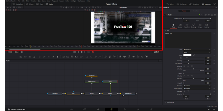 DaVinci Resolve Fusion page outlining the display screens.
