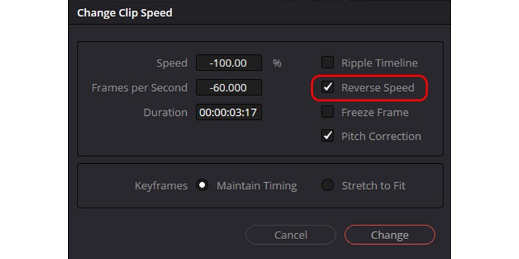 DaVinci Resolve user interface showing the Reverse Speed option in the Change Clip Speed menu