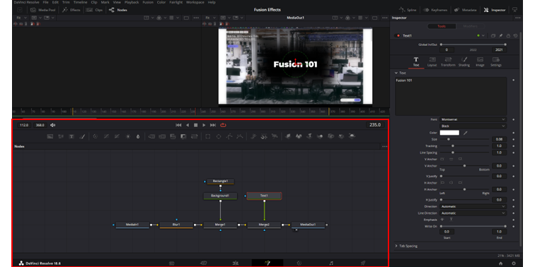DaVinci Resolve Fusion page outlining the nodes panel and toolbar.