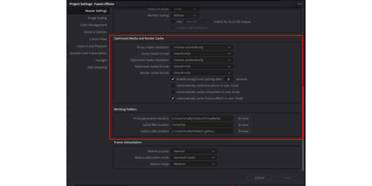 Cache and Proxy File Paths in DaVinci Resolve
